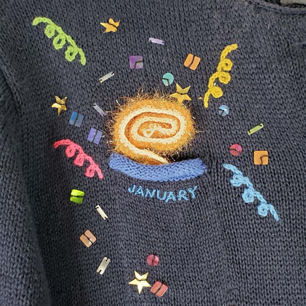 Vtg Northern Isles Cardigan Sweater Blue Embroidered Teacher Calendar Medium - Picture 4 of 12